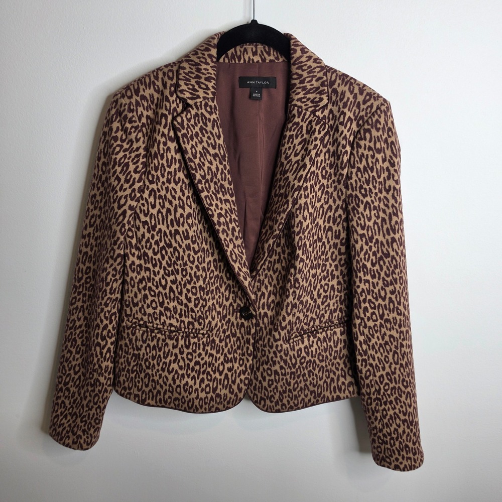 Ann Taylor Blazer Womens 4 Leopard Print Brown One Button